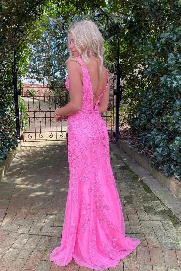Hot Pink Mermaid Deep V-Neck Prom Dress With Appliques PSK457 by pgmdress