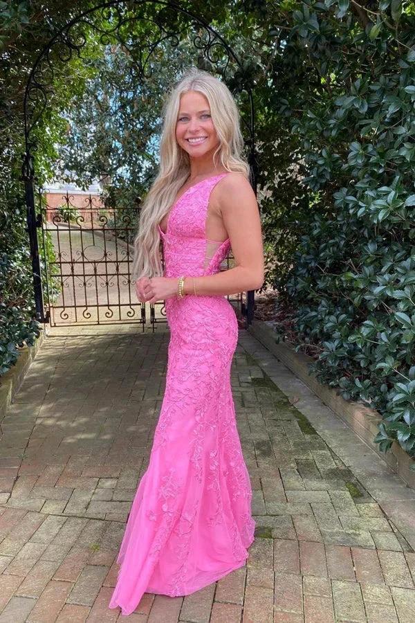 Hot Pink Mermaid Deep V-Neck Prom Dress With Appliques PSK457 by pgmdress