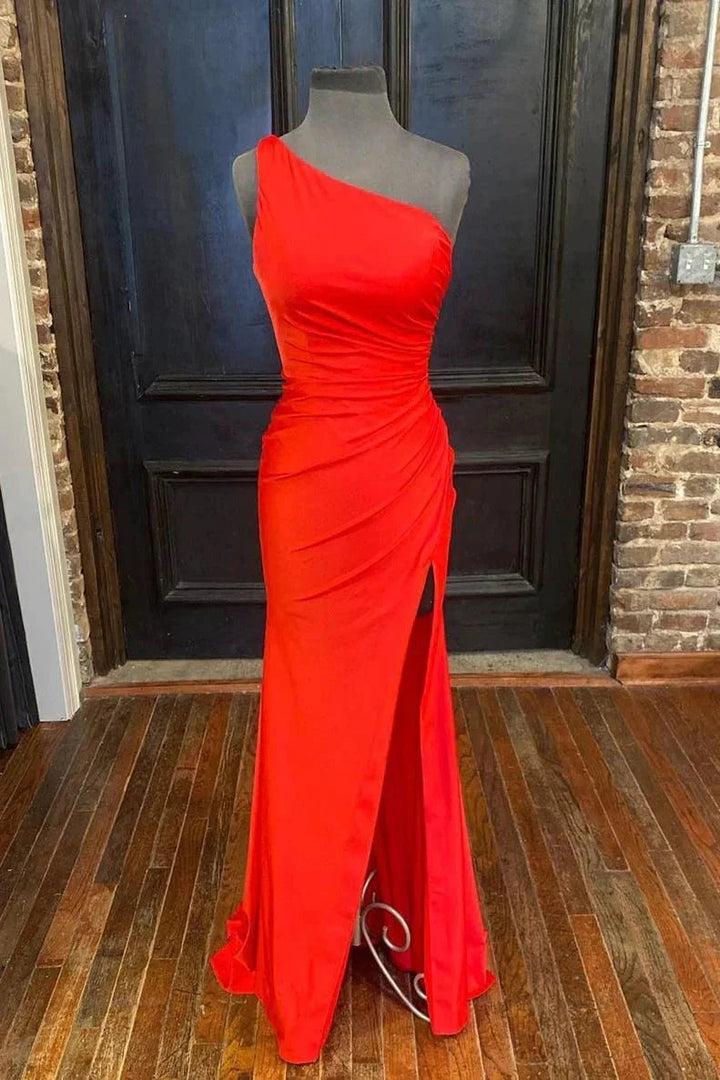 Hot Pink One Shoulder Prom Dress With Slit SYP105 by vivymakudress