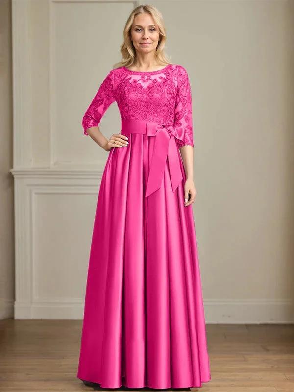 A-line Scoop Illusion Floor-Length Satin Lace Mother of the Bride Dress With Sequins Bow by Dreamylily