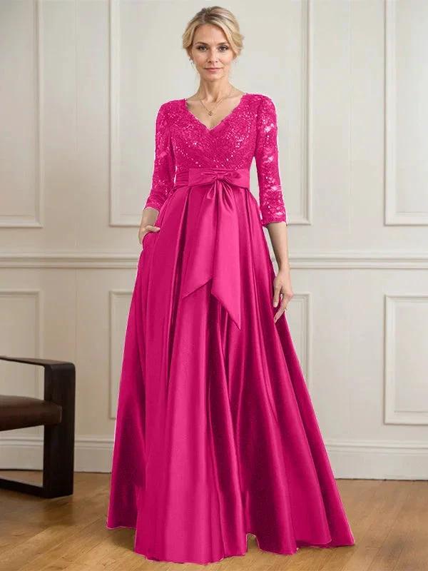 A-line V-Neck Floor-Length Satin Lace Mother of the Bride Dress With Sequins Bow by Dreamylily