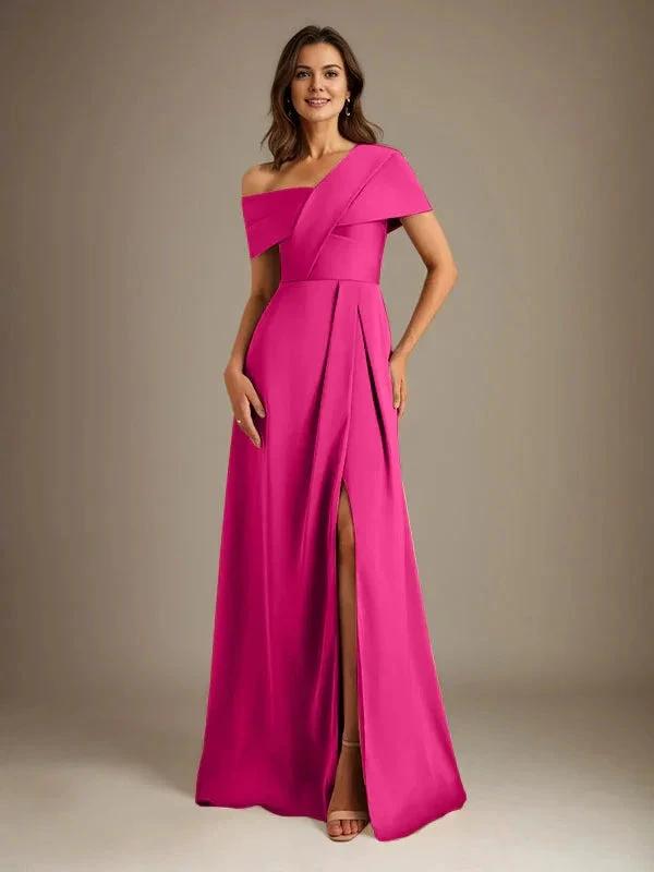 A-Line Asymmetrical Neckline Floor-Length Satin Mother of the Bride Dress With Pleated by Dreamylily