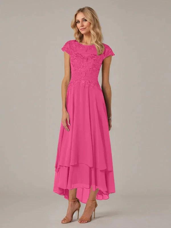 A-line Boat Neck Illusion Asymmetrical Chiffon Lace Mother of the Bride Dress With Applique Pleats by Dreamylily