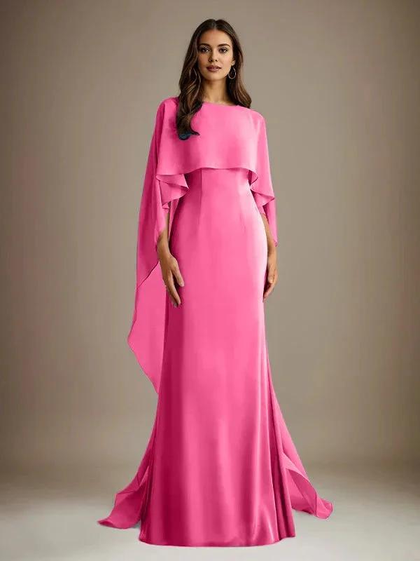 Sheath/Column Boatneck Floor-Length Chiffon Mother of the Bride Dress With Cascading Ruffles by Dreamylily