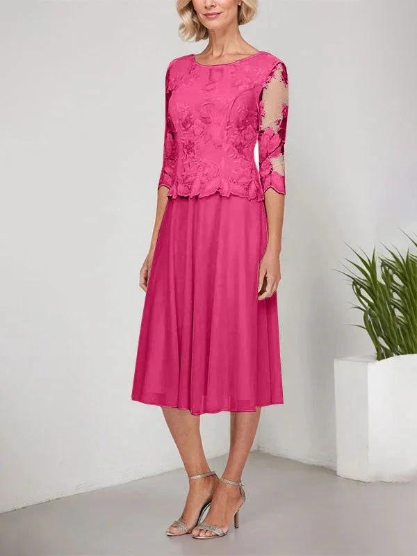 A-line Scoop Tea-Length Lace Chiffon Mother of the Bride Dress With Embroidery by Dreamylily
