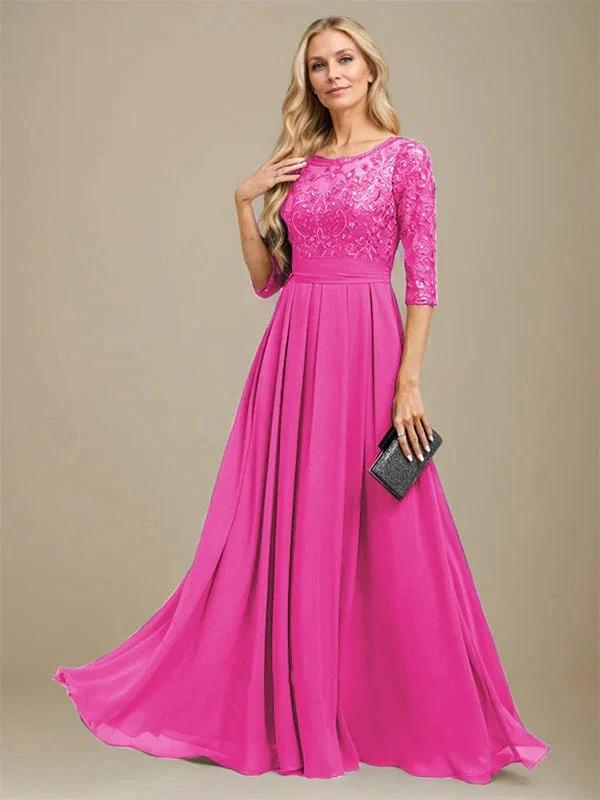 A-Line Scoop Floor-Length Lace Chiffon Mother Of the Bride Dress With Sequins Applique by Dreamylily