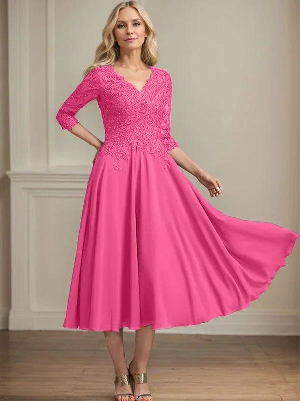 A-line V-Neck Tea-Length Chiffon Lace Mother of the Bride Dress With Beading Sequins by Dreamylily