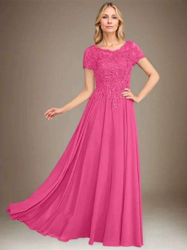 A-Line Scoop Floor-Length Chiffon Mother of the Bride Dress With Applique &amp; Sequins by Dreamylily
