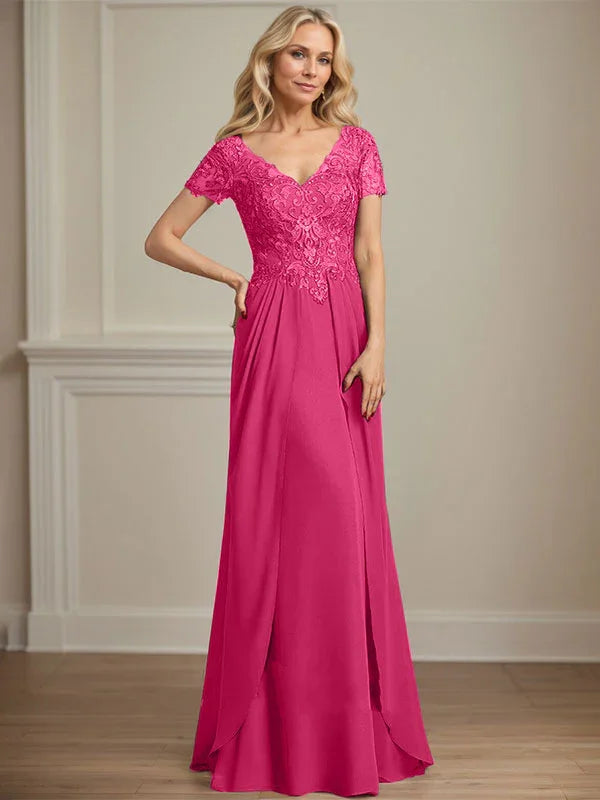 A-line V-Neck Floor-Length Chiffon Lace Mother of the Bride Dress by Dreamylily