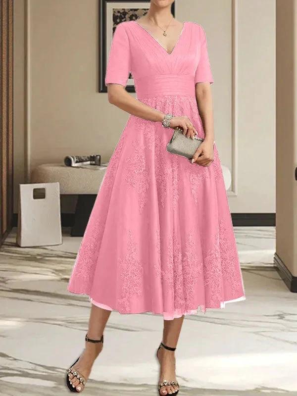 A-line V-Neck Tea-Length Tulle Lace Mother of the Bride Dress With Pleated by Dreamylily