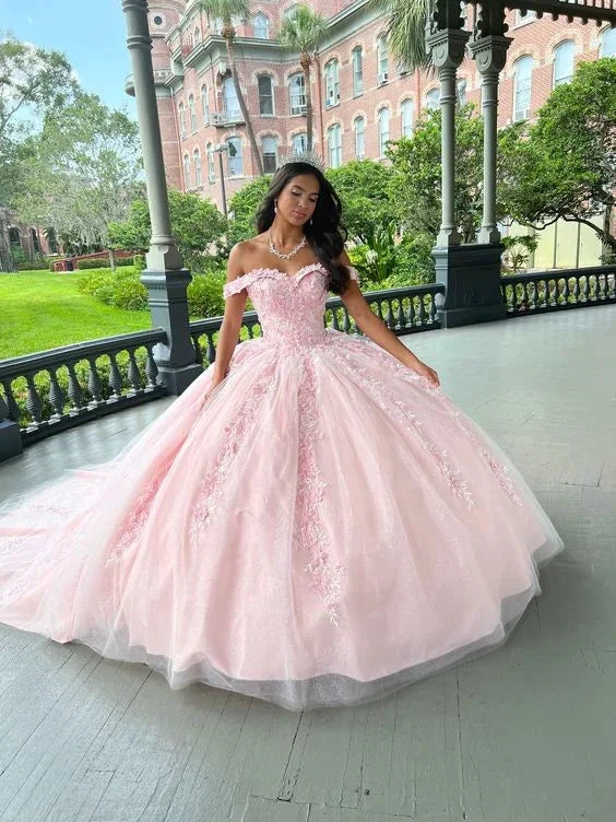 Off-the-shoulder Neckline with 3D Lace and Embroidery Lace Appliques Ball Gown Y2611 by simplepromdress