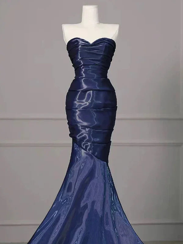 Gorgeous Nevy Blue Mermaid Strapless Pleated Long Prom Dress Evening Dress Y7987 by simplepromdress