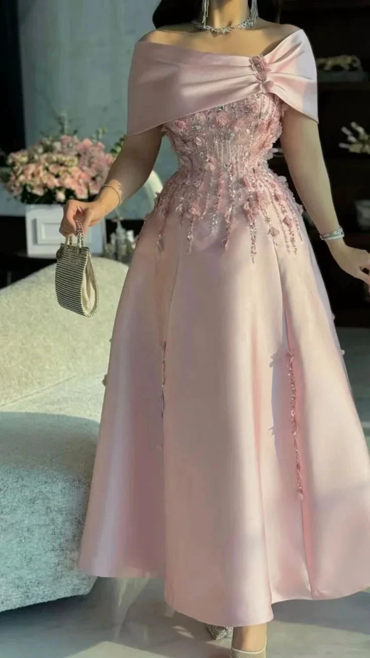 Elegant Off The Shoulder Satin Beaded Appliques Prom Dress Formal A Line Evening Dress Y8160 by simplepromdress