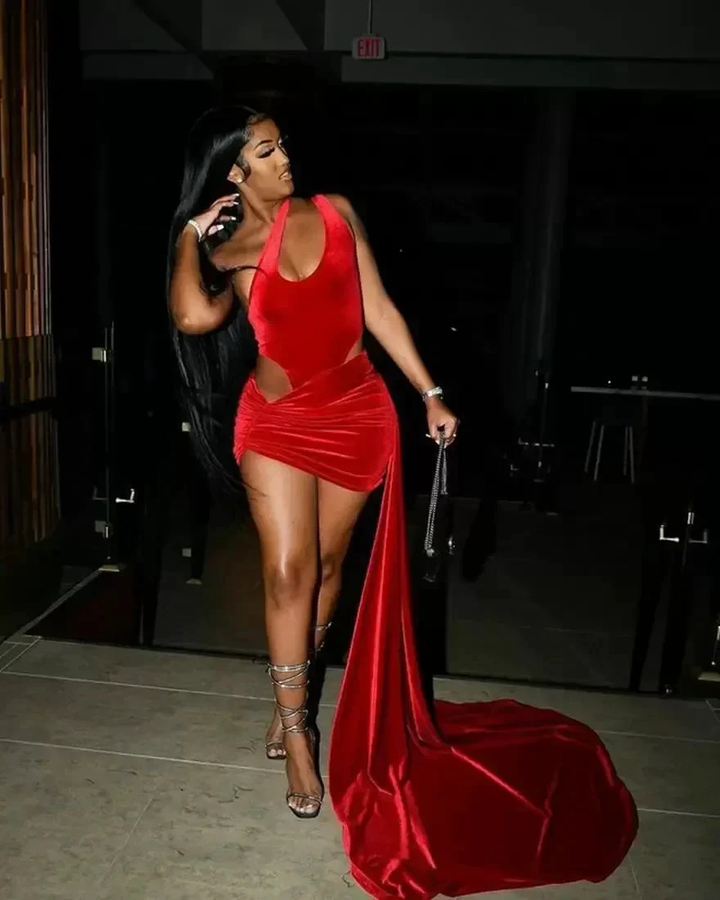 Sexy Red Velvet Party Dress Slit Black Girl Prom Dress Cocktail Dress Y8135 by simplepromdress