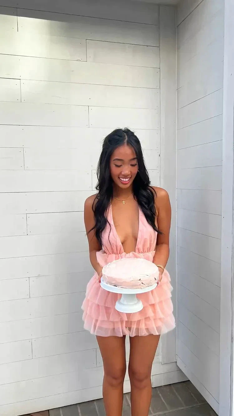Cute Deep V Neck Pink Homecoming Dress Pink Birthday Party Dress Y1941 by simplepromdress