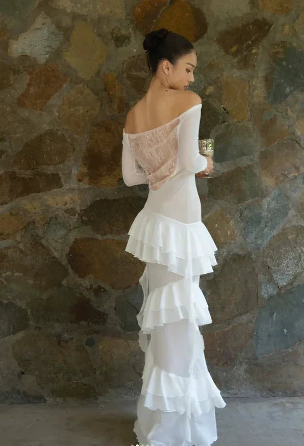 Classy Sheath Lace Chiffon Ruffles Prom Evening Dress,White Wedding Dress Y8082 by simplepromdress