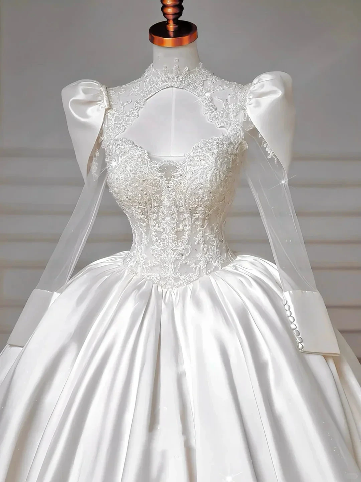 Gorgeous White Satin Lace Appliques A Line Wedding Dress,Formal Prom Dress Y8607 by simplepromdress