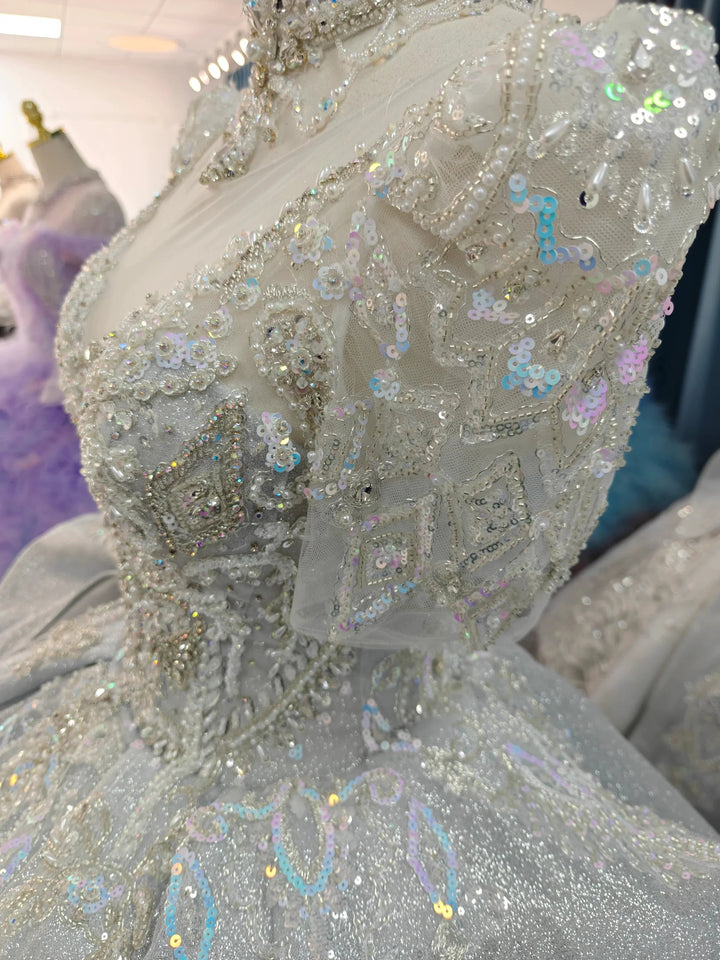 Silver Glitz Cap-Sleeve Ballgown Iridescent Beaded Bust &amp; Sculptural Tiered Skirt by ZAPDRESS
