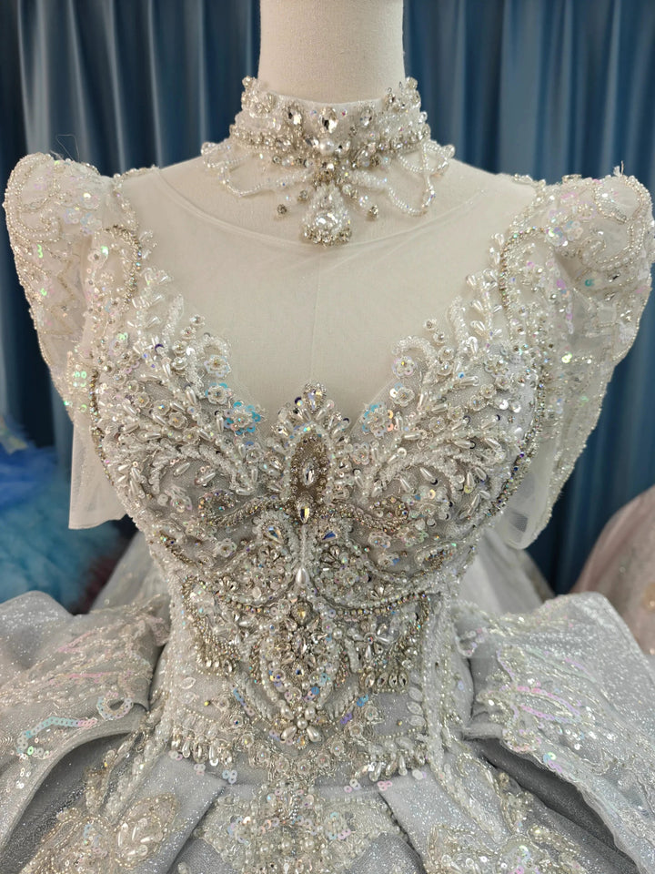 Silver Glitz Cap-Sleeve Ballgown Iridescent Beaded Bust &amp; Sculptural Tiered Skirt by ZAPDRESS