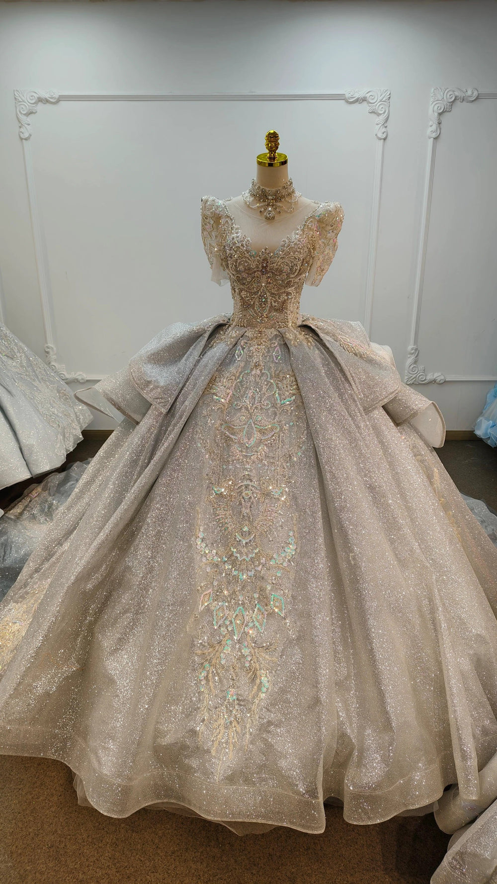 Silver Glitz Cap-Sleeve Ballgown Iridescent Beaded Bust & Sculptural Tiered Skirt by ZAPDRESS
