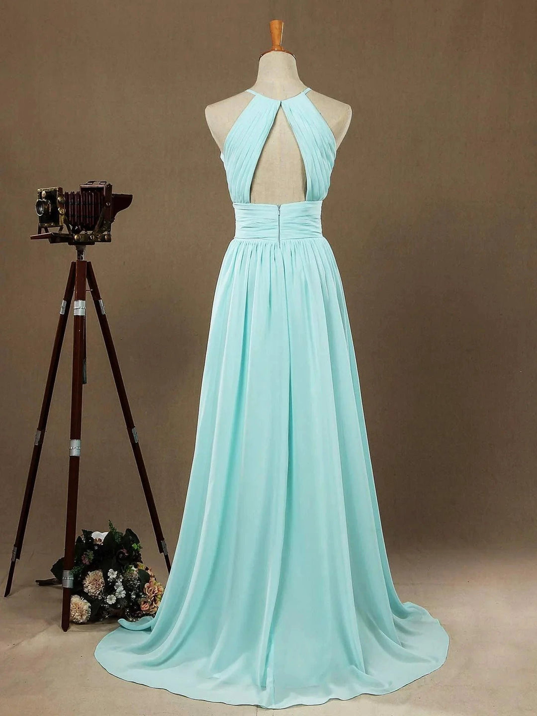 Chiffon Floor Length Prom Dresses A-Line Halter Open Back Pleats by DressbLee