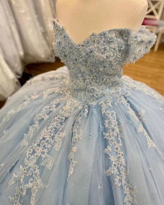 Off The Shoulder Blue Lace Tulle Ball Gown,Blue Sweet 16 Dress,Princess Dress Y2061 by simplepromdress