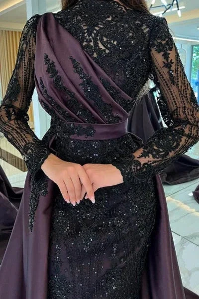 Elegant black and purple evening dress with lace details and sheer long sleeves, ZAPDRESS