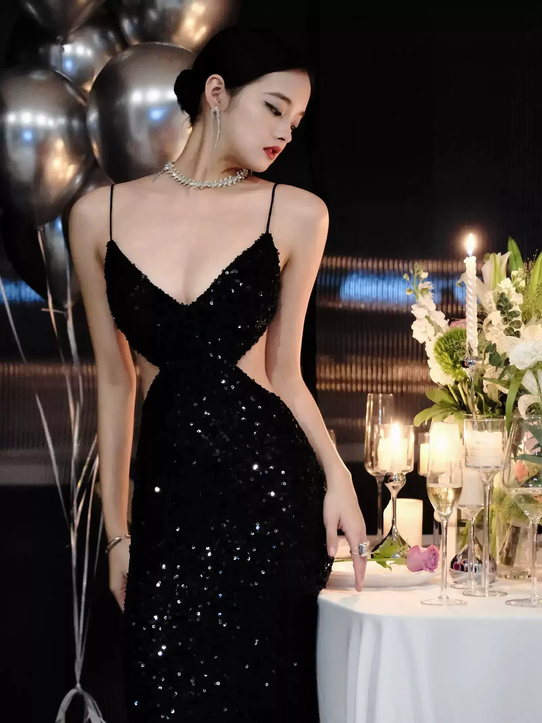 Black Sequins Sparkling Evening Dress Sexy Backless Evening Gown Y1124 by simplepromdress