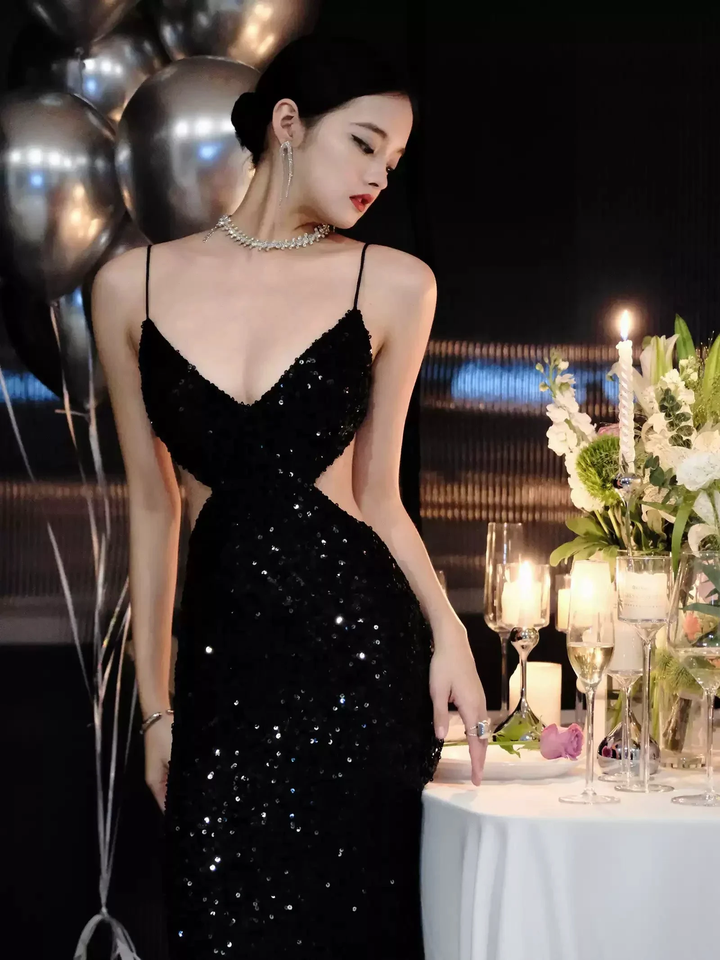 Black Sequins Sparkling Evening Dress Sexy Backless Evening Gown Y1124 by simplepromdress