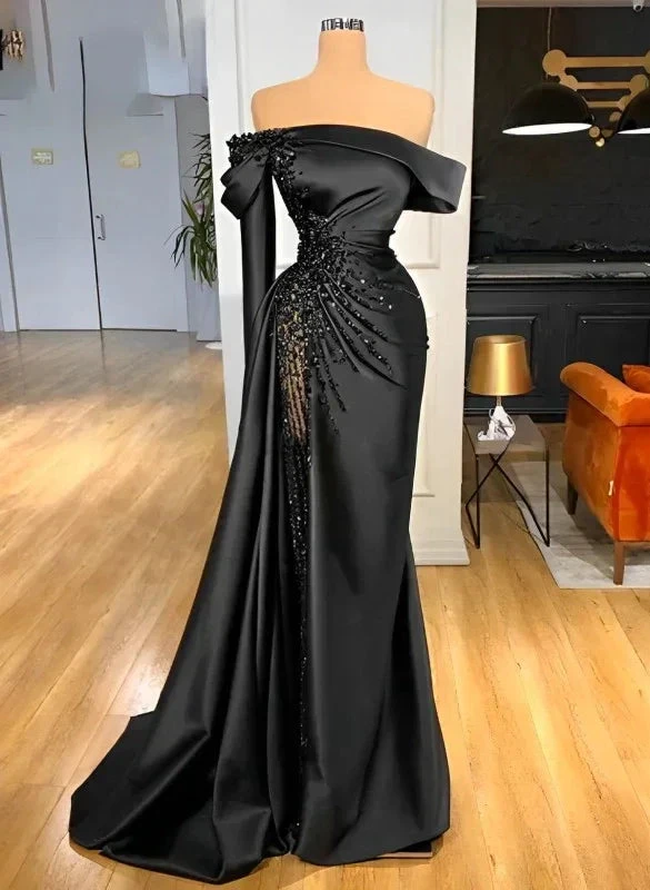 Fashion Black Beaded Satin Sheath Prom Dress Off The Shoulder Long Evening Dress Y8030 by simplepromdress