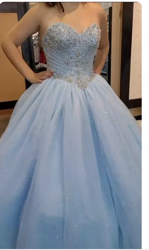 Glitter Light Blue Corset Top Beaded Ball Gown, Light Blue Sweet Girl Dresses Beaded Ball Gown Y774 by simplepromdress