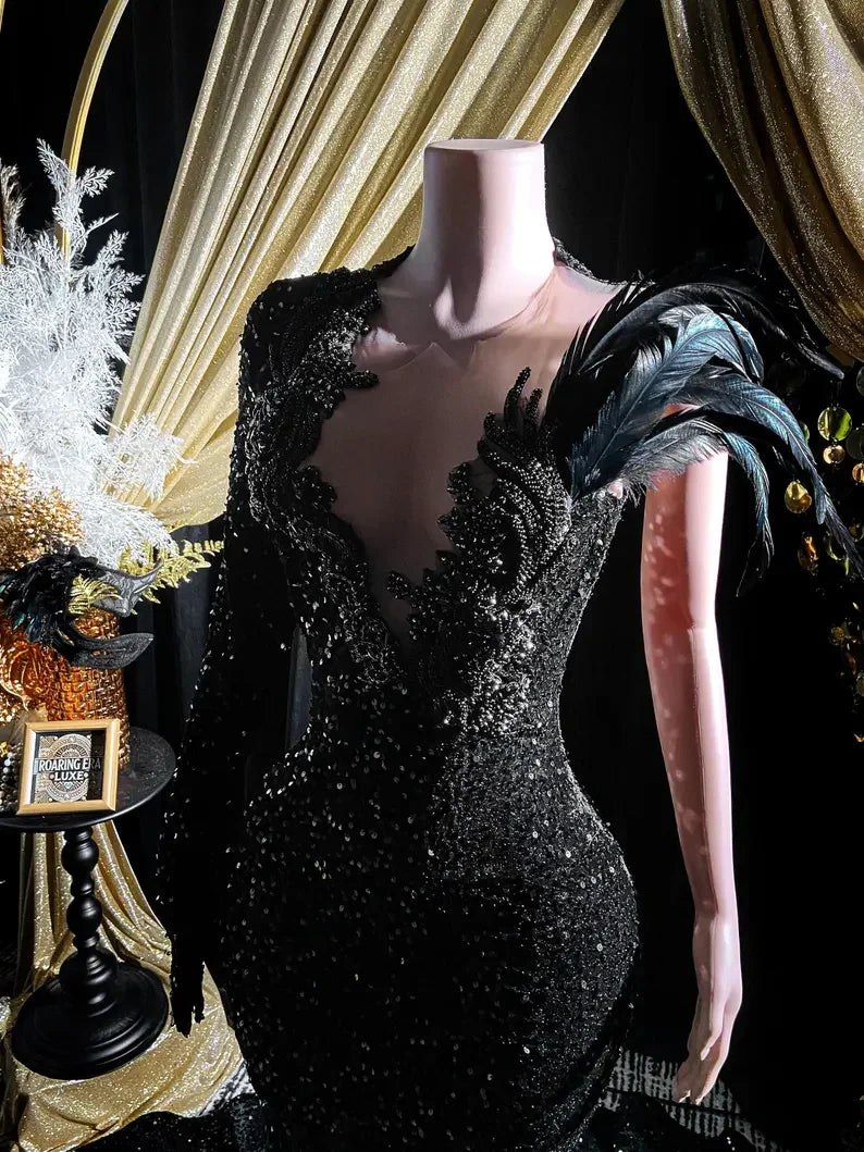 Black Sequins Rhinestone Applique Long Sleeve Mermaid Prom Dress Evening Dress Y8313 by simplepromdress