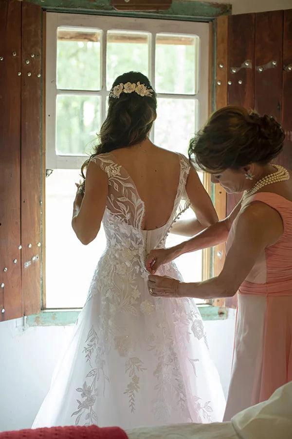 Illustion Scoop Neck White Floral Lace Wedding Dress Floor Length WD622 by pgmdress