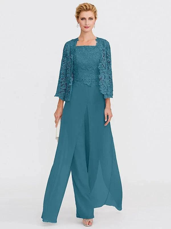 3 Piece Chiffon Square Neck Mother of the Bride Pantsuits with Jacket by Dreamylily