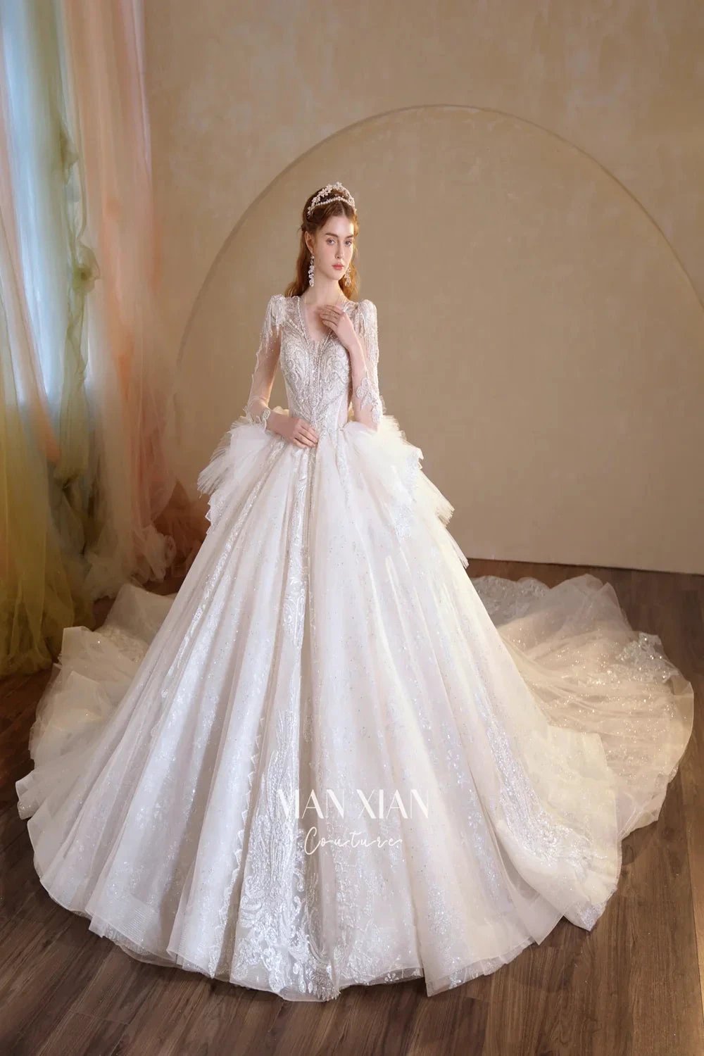 Luminous Ivory V-Neck Glitter Tulle Ball Gown with Beaded Lace, Sheer Sleeves &amp; Draped Ruffle Train N001 by ZAPDRESS