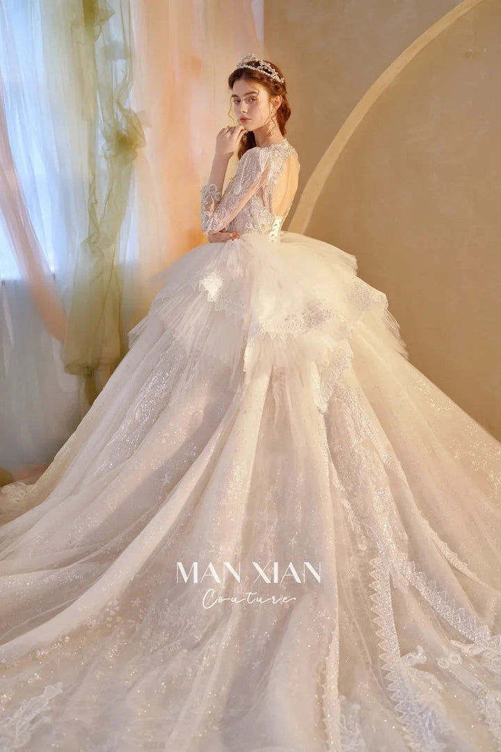 Luminous Ivory V-Neck Glitter Tulle Ball Gown with Beaded Lace, Sheer Sleeves &amp; Draped Ruffle Train N001 by ZAPDRESS