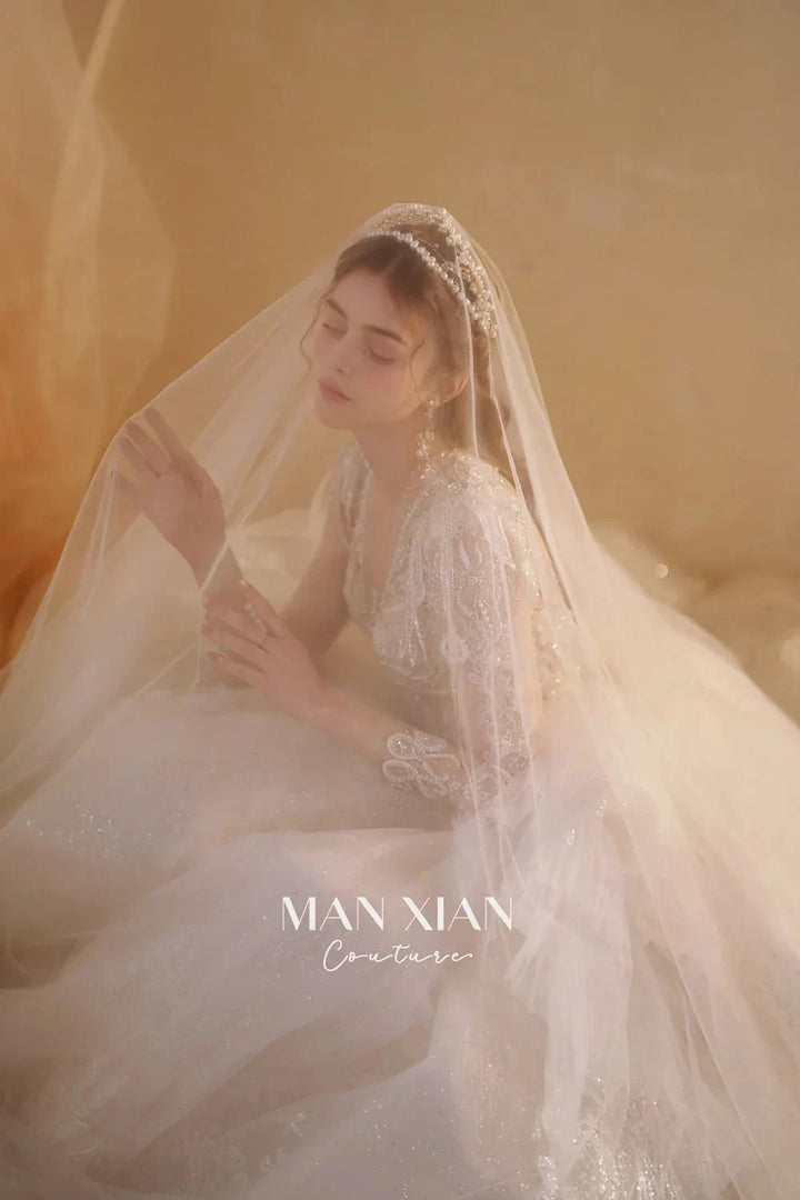 Luminous Ivory V-Neck Glitter Tulle Ball Gown with Beaded Lace, Sheer Sleeves &amp; Draped Ruffle Train N001 by ZAPDRESS
