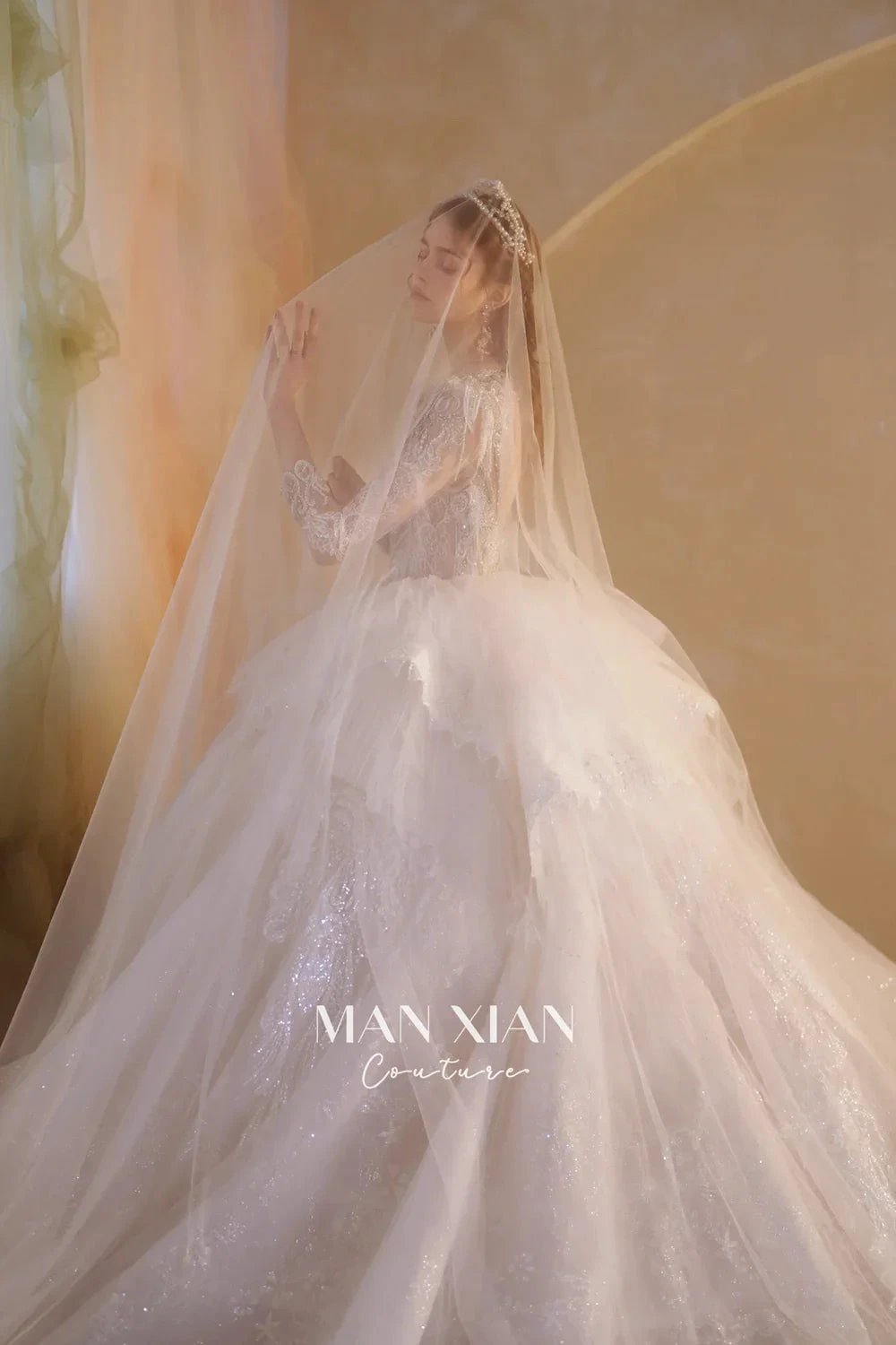 Luminous Ivory V-Neck Glitter Tulle Ball Gown with Beaded Lace, Sheer Sleeves &amp; Draped Ruffle Train N001 by ZAPDRESS