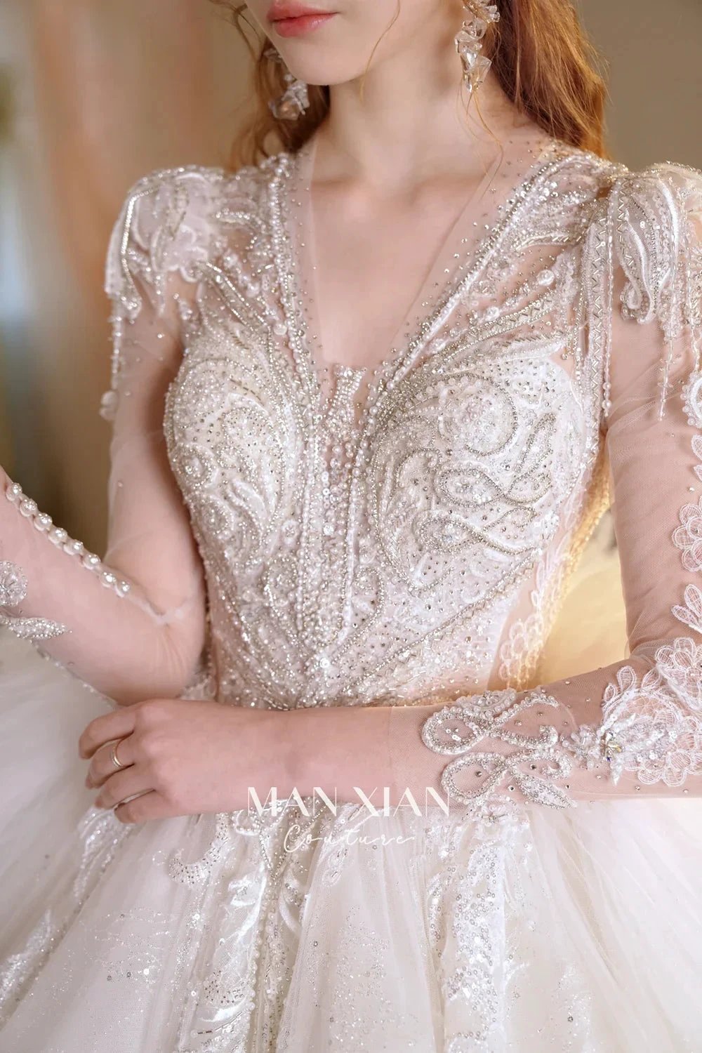 Luminous Ivory V-Neck Glitter Tulle Ball Gown with Beaded Lace, Sheer Sleeves &amp; Draped Ruffle Train N001 by ZAPDRESS