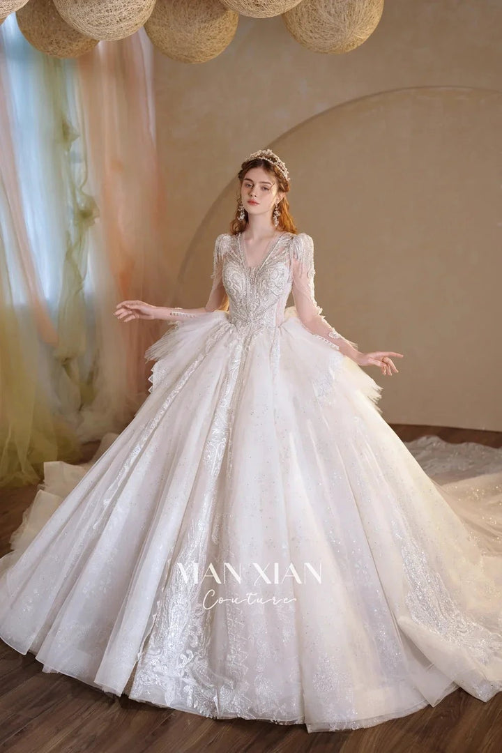 Luminous Ivory V-Neck Glitter Tulle Ball Gown with Beaded Lace, Sheer Sleeves &amp; Draped Ruffle Train N001 by ZAPDRESS
