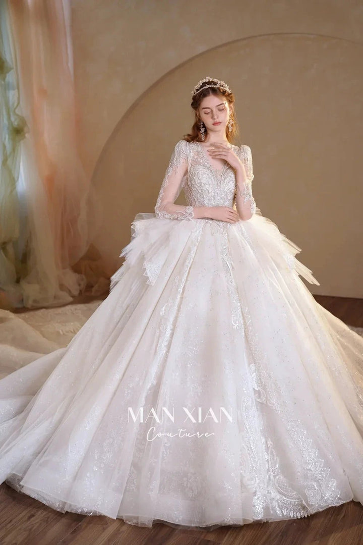Luminous Ivory V-Neck Glitter Tulle Ball Gown with Beaded Lace, Sheer Sleeves &amp; Draped Ruffle Train N001 by ZAPDRESS