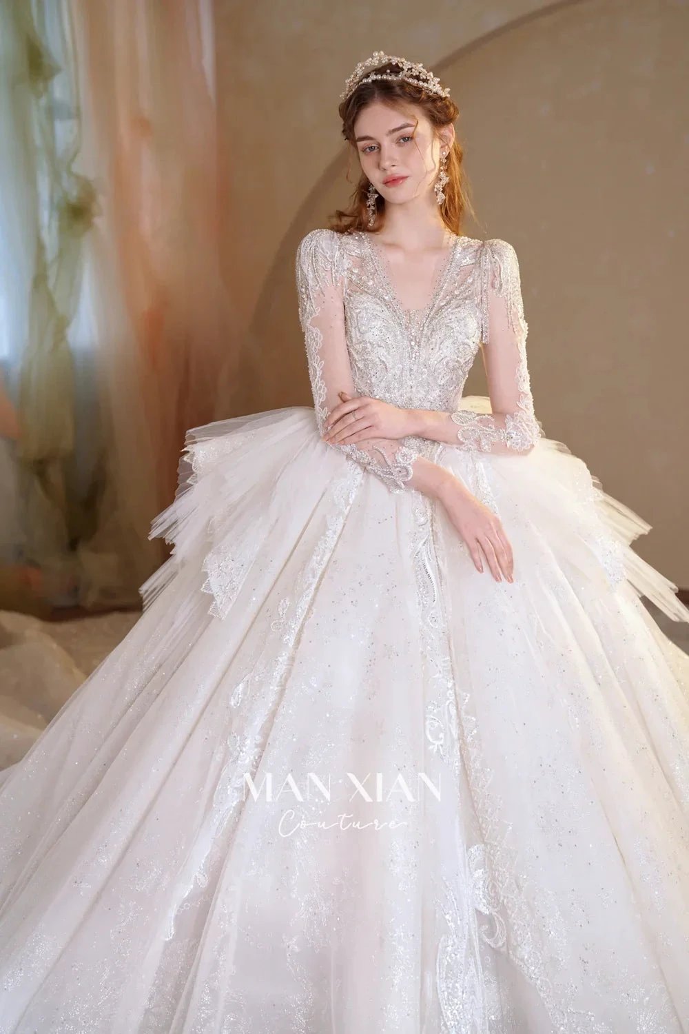 Luminous Ivory V-Neck Glitter Tulle Ball Gown with Beaded Lace, Sheer Sleeves &amp; Draped Ruffle Train N001 by ZAPDRESS