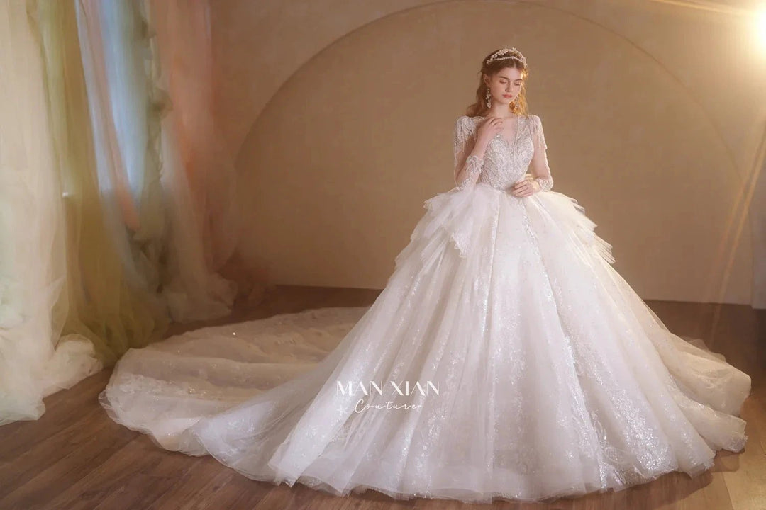 Luminous Ivory V-Neck Glitter Tulle Ball Gown with Beaded Lace, Sheer Sleeves &amp; Draped Ruffle Train N001 by ZAPDRESS