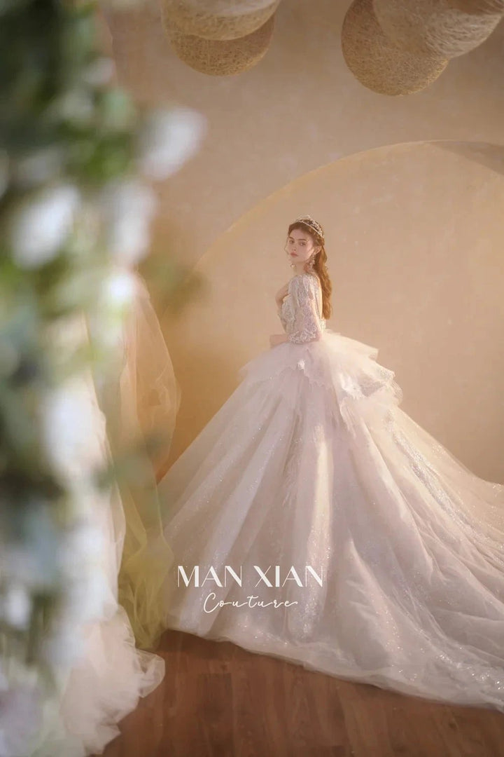 Luminous Ivory V-Neck Glitter Tulle Ball Gown with Beaded Lace, Sheer Sleeves &amp; Draped Ruffle Train N001 by ZAPDRESS