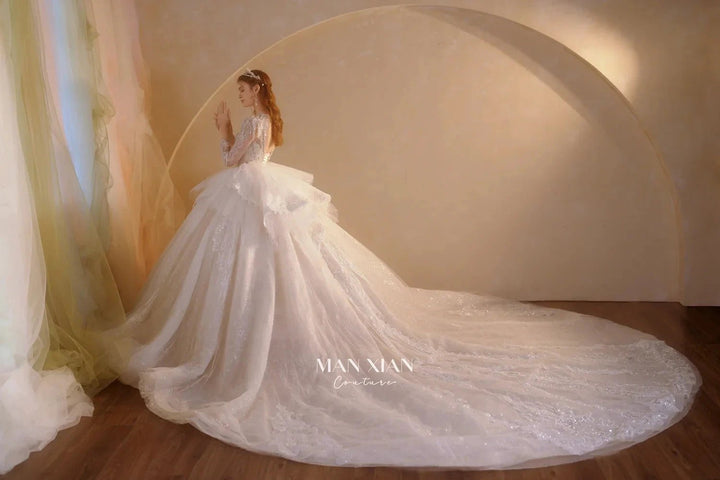 Luminous Ivory V-Neck Glitter Tulle Ball Gown with Beaded Lace, Sheer Sleeves &amp; Draped Ruffle Train N001 by ZAPDRESS