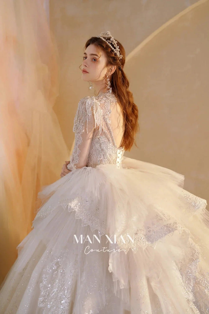 Luminous Ivory V-Neck Glitter Tulle Ball Gown with Beaded Lace, Sheer Sleeves &amp; Draped Ruffle Train N001 by ZAPDRESS