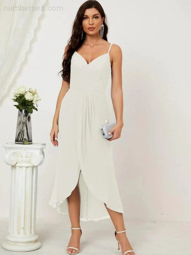 Numbersea Spaghetti Chiffon V Neck Bridesmaid Dress Mid-Length Slit Formal Prom Dress Homecoming Dress 2803 by numbersea