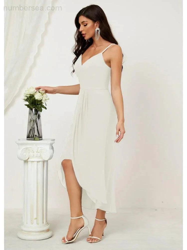 Numbersea Spaghetti Chiffon V Neck Bridesmaid Dress Mid-Length Slit Formal Prom Dress Homecoming Dress 2803 by numbersea