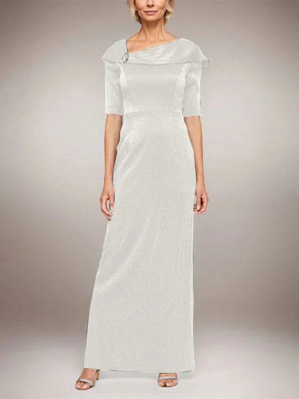 Long Shimmer Column Dress with Foldover Cuff L-Neckline and Elbow Sleeves by Dreamylily