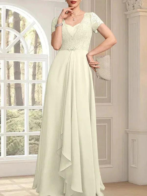 A-line Sweetheart Floor-Length Chiffon Lace Mother of the Bride Dress With Beading Cascading Ruffles by Dreamylily